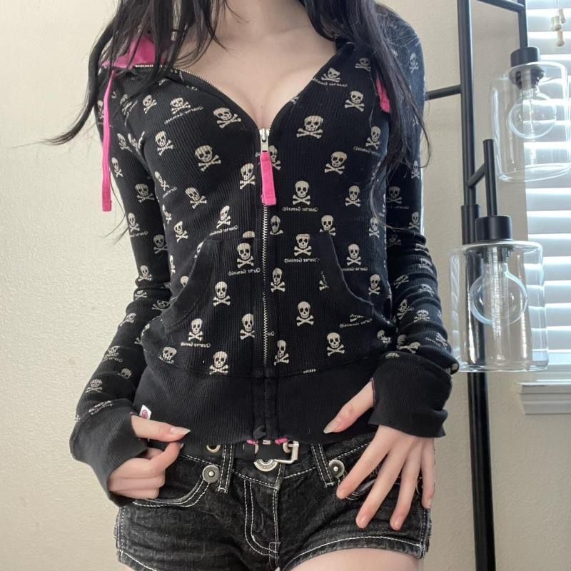 Vintage Zip Hoodie - Gotycki Kardigan z Nadrukiem Szkieletu Kontrastowa