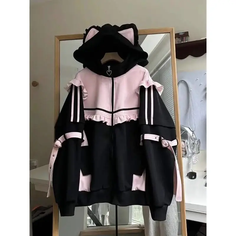 Vintage Zip Hoodie - Jesienno-zimowa japońska słodka odzież Y2K bluza